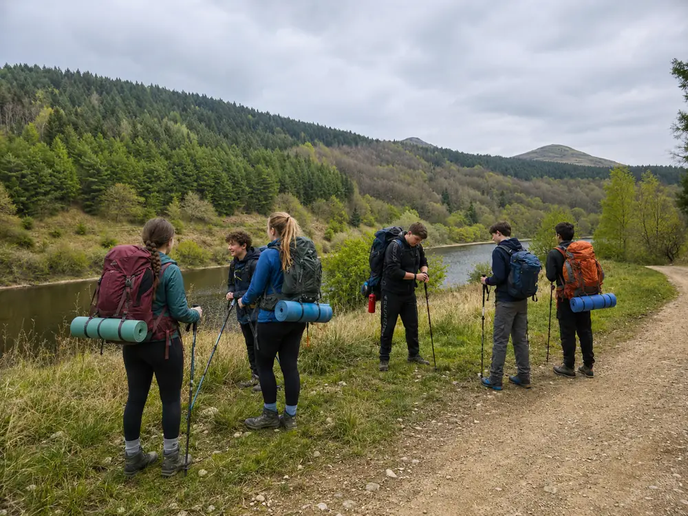 Students hiking beside a lake