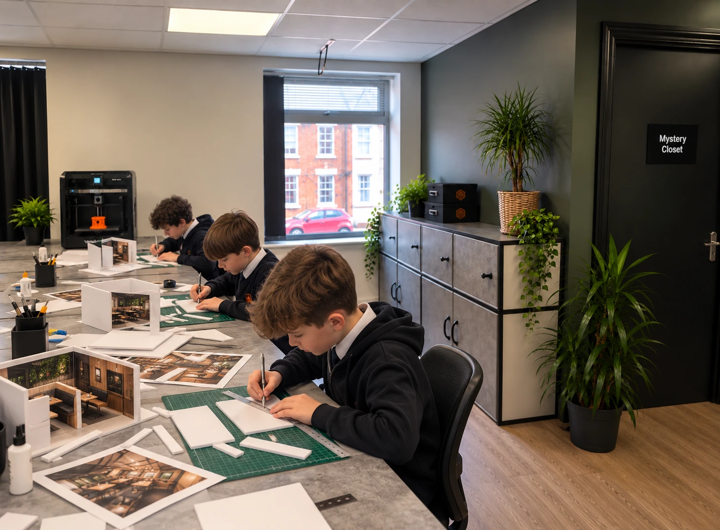 Children building scale models of restaurant designs at Hustle HQ, with a 3D printer in the background