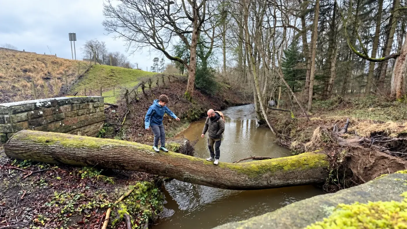 A young Ranger and a leader balancing across a fallen tree over a stream in the woods